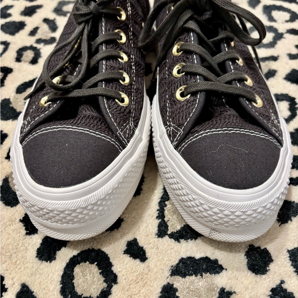 Chucks Converse All Star Platform Sneakers Classic Navy Grey Linen with Leather